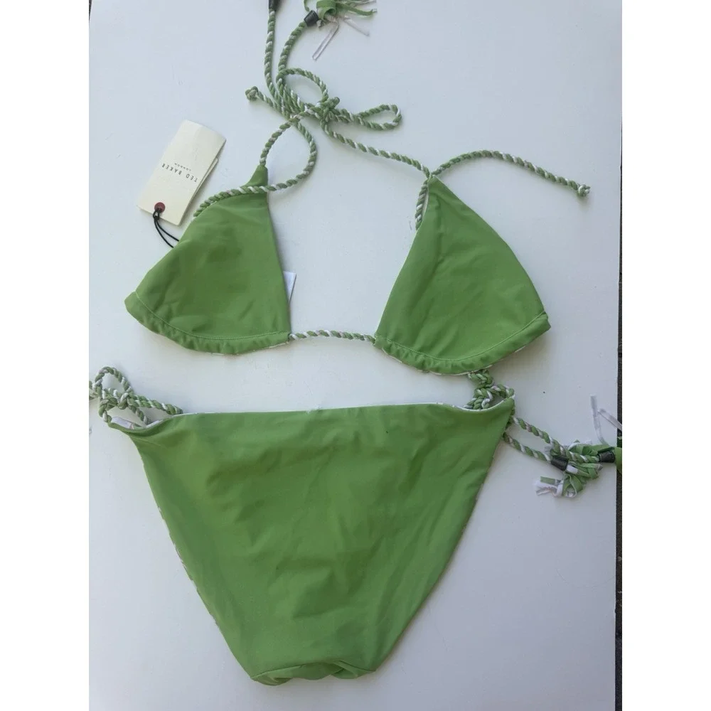 Ted Baker Reversible Bikini Set 0 XS Green Floral Braided Tassel Swimsuit NWT